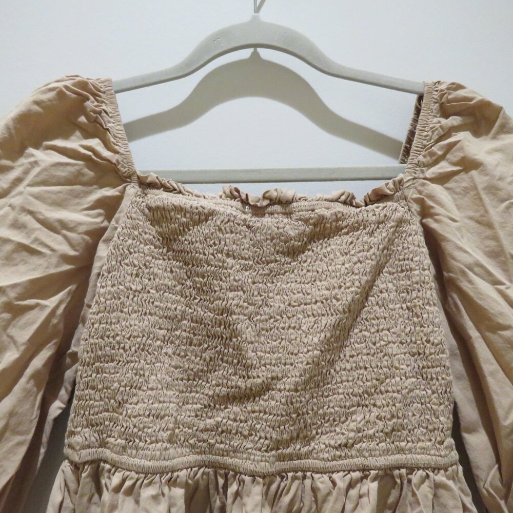 MOD REF Smocked Prairie Dress in Tan Beige Minimalist Trad Wife Cottagecore - Picture 11 of 12